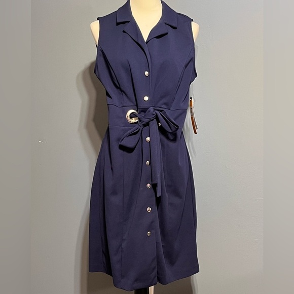 NWTs Ile NewYork navy blue button front collared dress with stretch size 10 - Picture 1 of 11